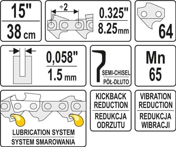 Yato YT-84941, Alle merker, Semi-meisel, 8,25 mm, 38 cm, 1,5 mm, Dolmar: 109, 110, 111, 112, 113, 114, 115i, 116, ES1800, PS460, PS4600, PS4605, PS50