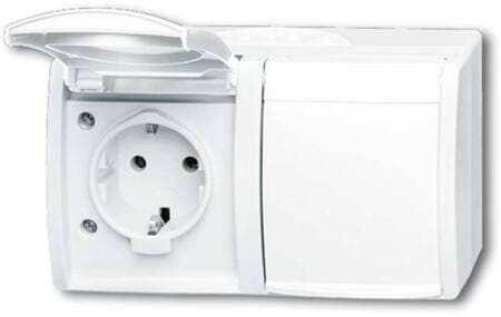 ABB Stikkontakt dobbelt Ocean IP44, vandret, med klaplåg og underlag hvid, 16A 250V, Schuko/side-jord og pillesikring