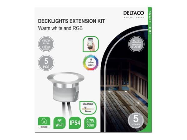 DELTACO Decklights Extension Kit - Upotettava lattiakohdevalo - LED - 0,7 W - RGB/lämmin valkoinen valo - hopea (5 kpl pakkaus) - SMART HOME SH-DLK01