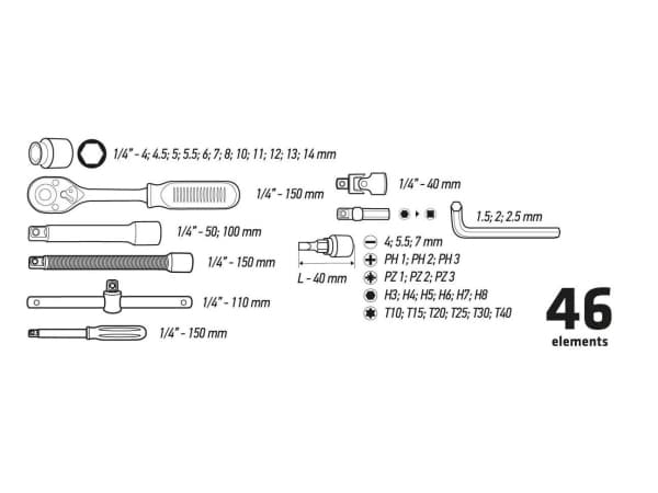 Topex hylsyavaimet 1/4" sarja 46 kpl.