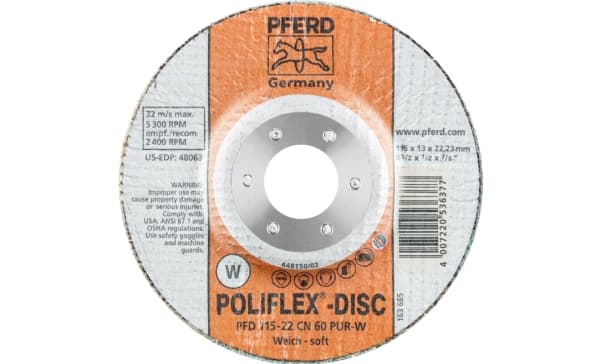PFERD PFD 115-22 CN 60 PUR-W, Stål, Ikke-jernholdig metall, Rustfritt stål, Aluminium, Kopper, PFERD, 2,22 cm, 11,5 cm, 5300 RPM, 5 stykker