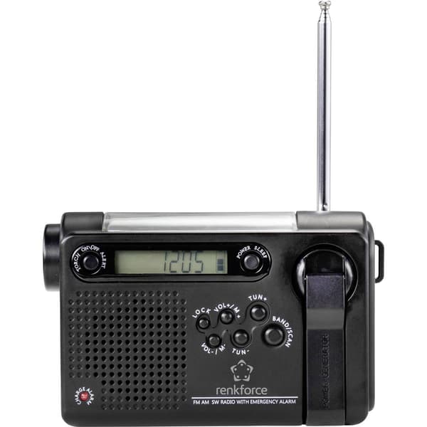 Väskradio Renkforce RF-CR-200 FM, AM, HF uppladdningsbart, Solcellspanel, Handvev, Väckningsfunktion, Ficklampa Svart