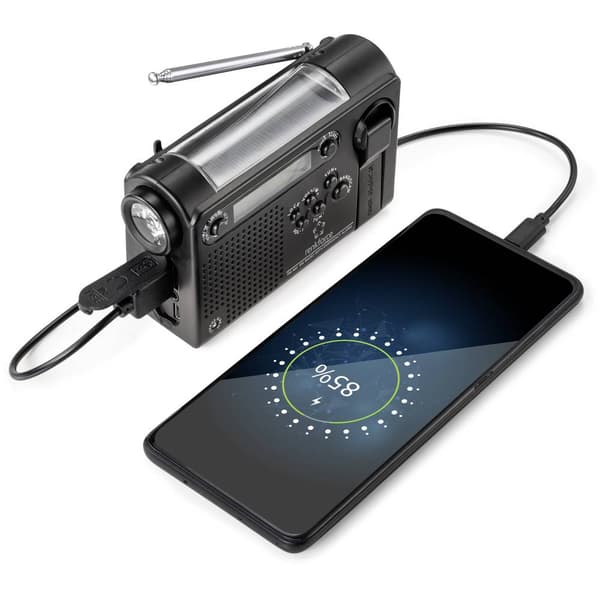 Väskradio Renkforce RF-CR-200 FM, AM, HF uppladdningsbart, Solcellspanel, Handvev, Väckningsfunktion, Ficklampa Svart