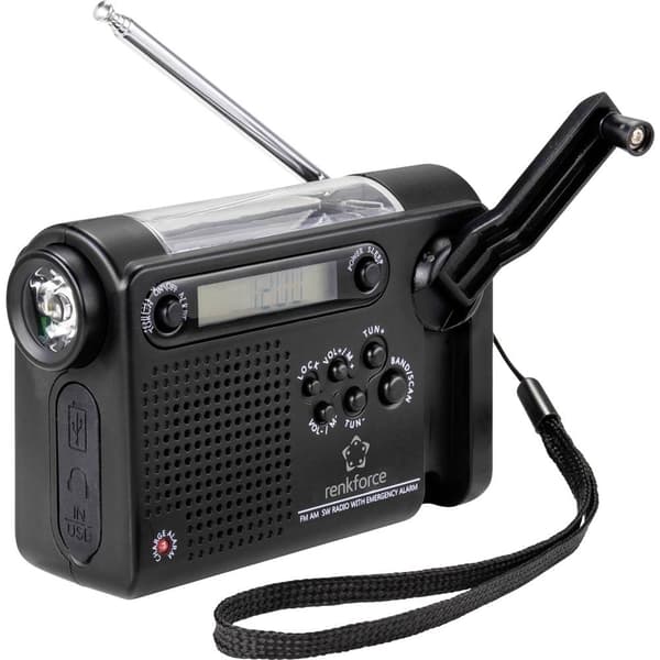 Väskradio Renkforce RF-CR-200 FM, AM, HF uppladdningsbart, Solcellspanel, Handvev, Väckningsfunktion, Ficklampa Svart