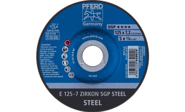 PFERD E 125-7 ZIRKON SGP STEEL, metall, 12200 rpm, 12,5 cm, 7,2 mm, 10 stk