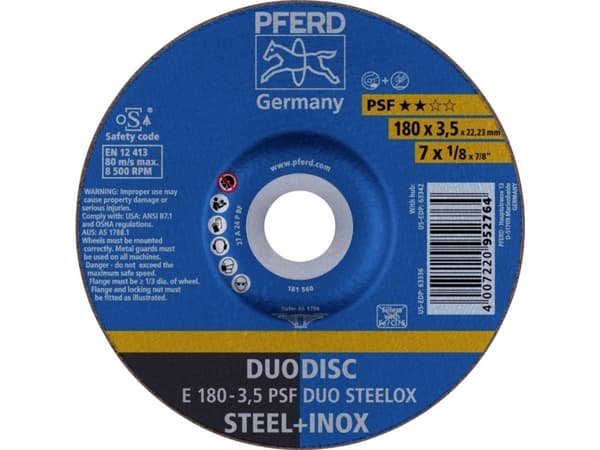 PFERD E 180-3,5 PSF DUO STEELOX, Teräs, Ruostumaton teräs, PFERD, 2,22 cm, 18 cm, 8500 rpm, 10 kpl