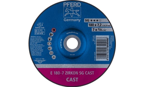 PFERD E 180-7 ZIRKON SG CAST, 8500 rpm, 18 cm, 7,2 mm, 10 kpl