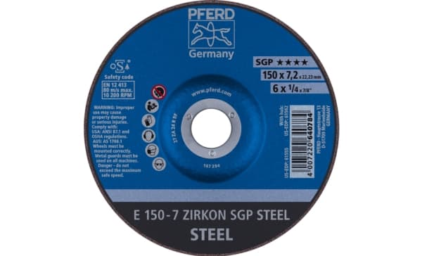 PFERD 62215326 E 150-7 ZIRKON SGP STÅL Skurskiva offset Diameter 150 mm Håldiameter 22,23 mm Stål 10 st.
