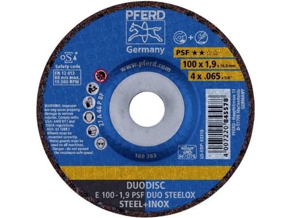 PFERD E 100-1,9 PSF DUO STEELOX/16,0, Stål, Rostfritt stål, PFERD, 1,6 cm, 10 cm, 15300 RPM, 10 styck