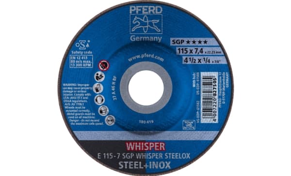 PFERD E 115-7 SGP WHISPER STEELOX, Metall, 13300 RPM, 11,5 cm, 7,4 mm, 10 styck