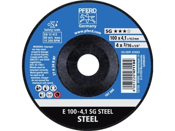 PFERD E 100-4,1 SG STEEL/16,0, Metal, 15300 RPM, 10 cm, 4.1 mm, 10 pc(s)