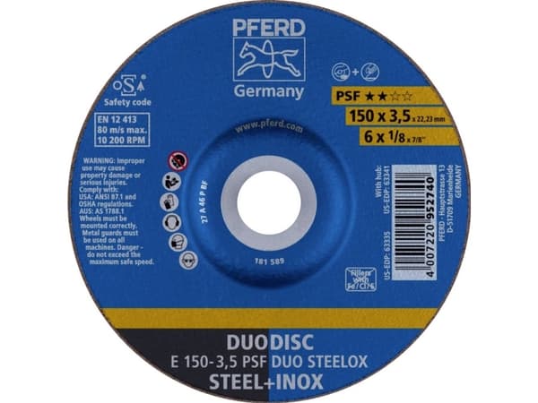 PFERD E 150-3,5 PSF DUO STEELOX, Teräs, Ruostumaton teräs, PFERD, 2,22 cm, 15 cm, 10200 rpm, 10 kpl