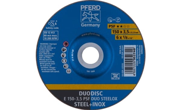 PFERD E 150-3,5 PSF DUO STEELOX, Teräs, Ruostumaton teräs, PFERD, 2,22 cm, 15 cm, 10200 rpm, 10 kpl