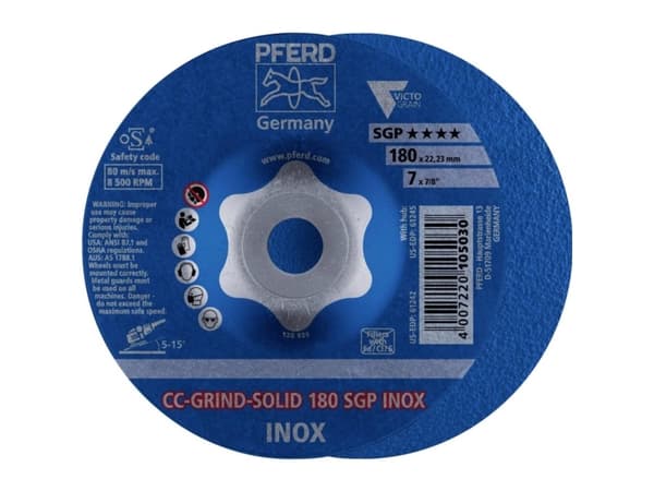 PFERD CC-GRIND-SOLID 180 SGP INOX, Hiomalaikka, Metalli, 8500 RPM, Sininen, 18 cm, 10 kpl