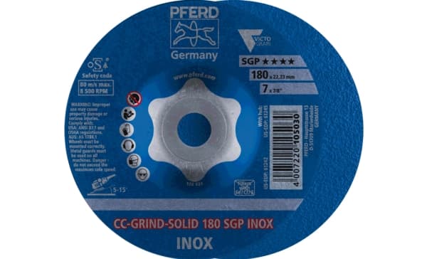 PFERD CC-GRIND-SOLID 180 SGP INOX, Slipehjul, Metall, 8500 RPM, Blå, 18 cm, 10 stykker