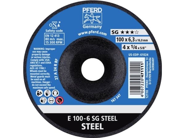 PFERD 62210626 E 100-6 SG STEEL/16,0 Skrubskive forkrøppet 100 mm 16 mm 10 stk