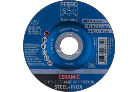 PFERD E 115-7 CERAMIC SGP STEELOX, Metall, 13300 RPM, 11,5 cm, 7,2 mm, 10 styck