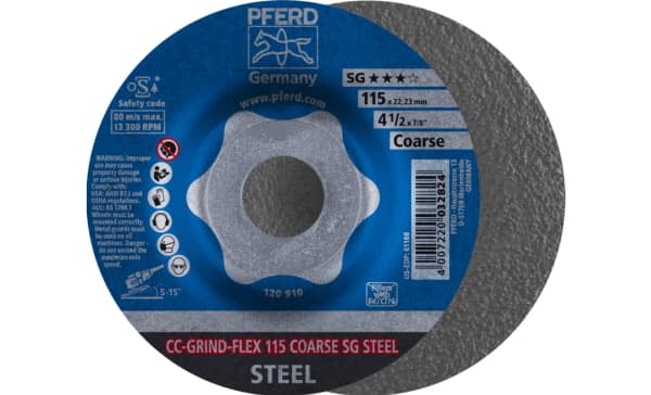 PFERD CC-GRIND-FLEX 115 SG STEEL COARSE, Stål, PFERD, 2,22 cm, 11,5 cm, 13300 RPM, 10 styck