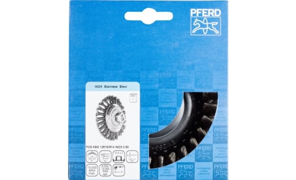 PFERD POS KBG 12515/M14 INOX 0,50, 12,5 cm, 12,5 cm, teräs, metalli ilman rautaa, pronssi, ruostumaton teräs, alumiini, 15 000 rpm