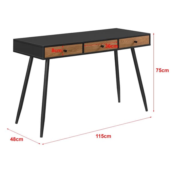 [en.casa] Skrivbord Tumba med 3 lådor-75x115x48cm-metall-spånskiva-svart-mörk träfärg