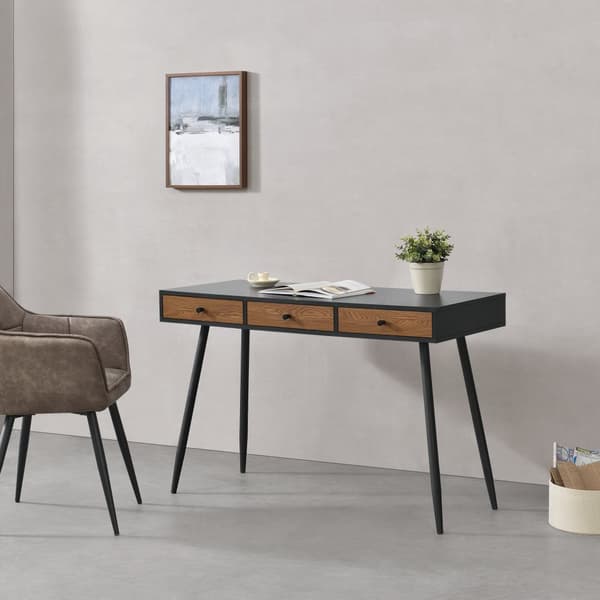 [en.casa] Skrivbord Tumba med 3 lådor-75x115x48cm-metall-spånskiva-svart-mörk träfärg