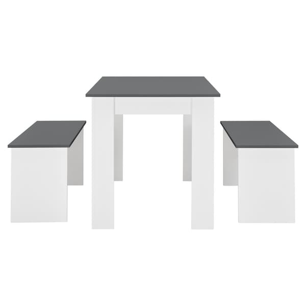[en.casa] Matgrupp Hokksund-matbord med 2 matbordsbänkar-110x70x73cm-melaminbelagd spånskiva-plats för 4 personer-vit / grå