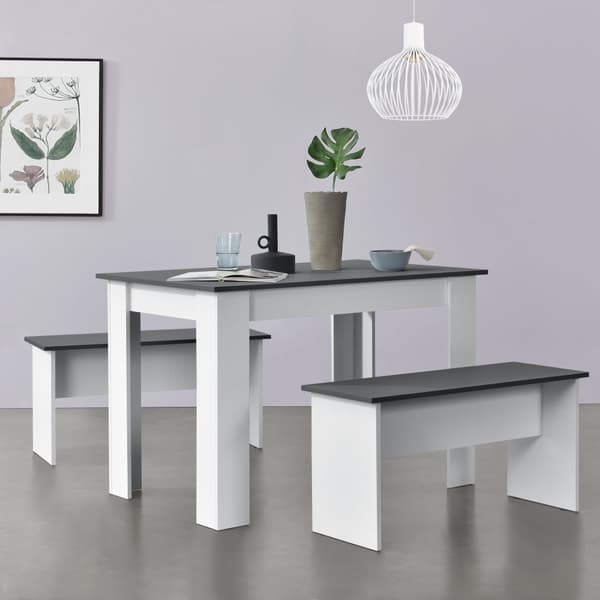 [en.casa] Matgrupp Hokksund-matbord med 2 matbordsbänkar-110x70x73cm-melaminbelagd spånskiva-plats för 4 personer-vit / grå