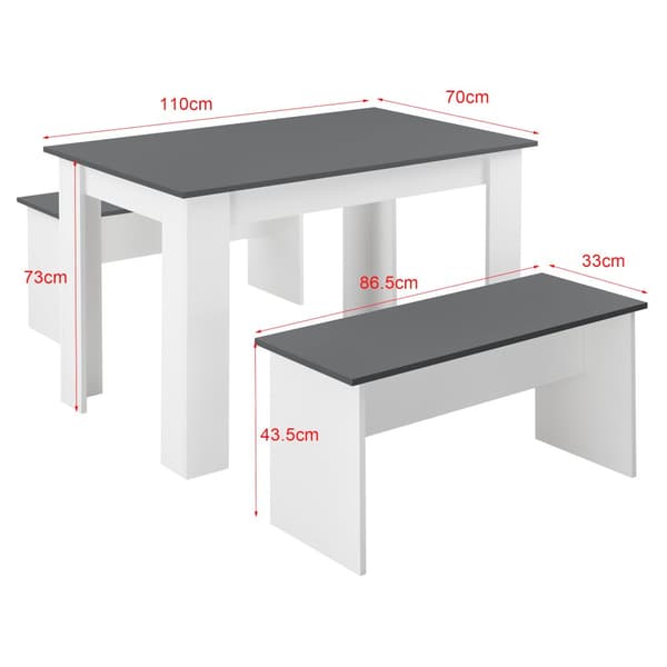 [en.casa] Matgrupp Hokksund-matbord med 2 matbordsbänkar-110x70x73cm-melaminbelagd spånskiva-plats för 4 personer-vit / grå