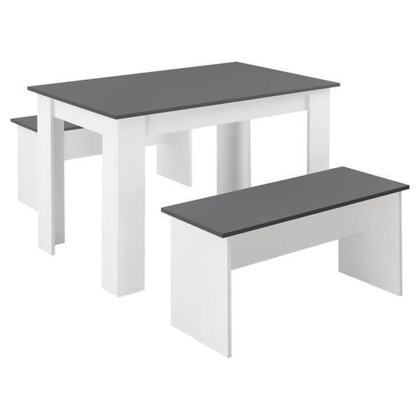 [en.casa] Matgrupp Hokksund-matbord med 2 matbordsbänkar-110x70x73cm-melaminbelagd spånskiva-plats för 4 personer-vit / grå