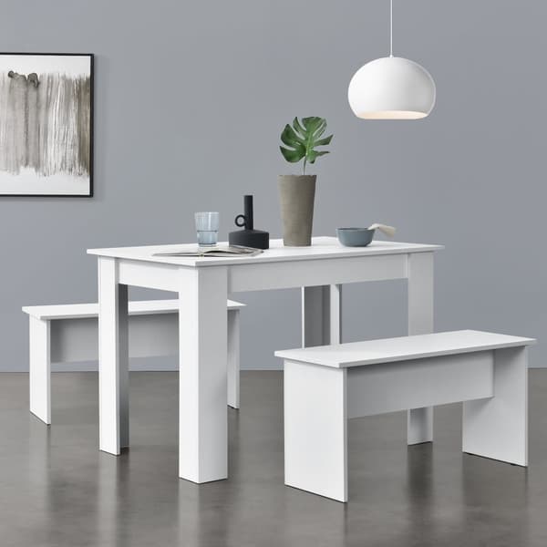 [en.casa] Matgrupp Hokksund-matbord med 2 matbordsbänkar-110x70x73cm-melaminbelagd spånskiva-plats för 4 personer-vit