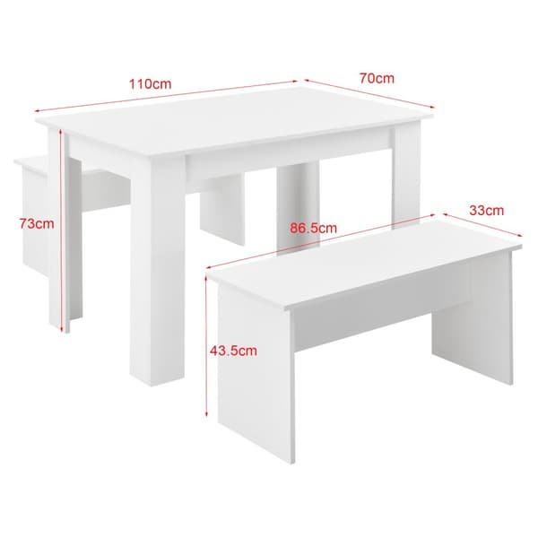 [en.casa] Matgrupp Hokksund-matbord med 2 matbordsbänkar-110x70x73cm-melaminbelagd spånskiva-plats för 4 personer-vit