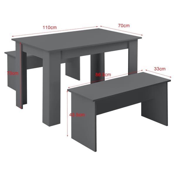 [en.casa] Matgrupp Hokksund-matbord med 2 matbordsbänkar-110x70x73cm-melaminbelagd spånskiva-plats för 4 personer-grå