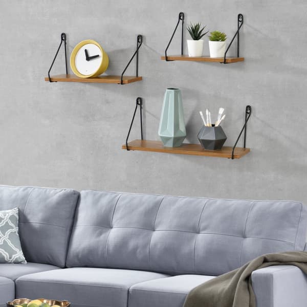 [en.casa] Vägghylla Randers set om 3-26,5x14x17,5cm-32,5x14x17,5cm-43x14x17,5cm-järn-spånskiva-svart-mörk träfärg