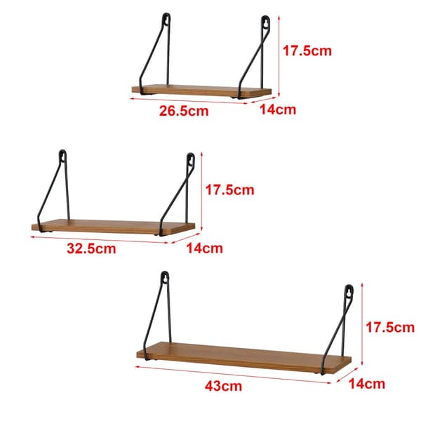 [en.casa] Vägghylla Randers set om 3-26,5x14x17,5cm-32,5x14x17,5cm-43x14x17,5cm-järn-spånskiva-svart-mörk träfärg