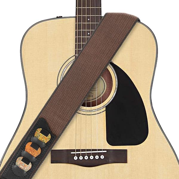 Skulderreim til gitar med tre plektrumlommer