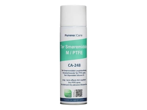 PURENO Dry Lubricant M/PTFE är ett giftfritt smörjmedel som ger en torr, nästan färglös smörjfilm, spray 500 ml
