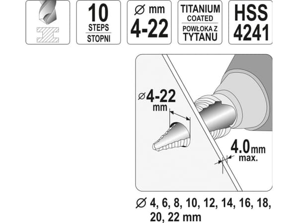 Yato YT-44741, Borr, Stegborr, 75 mm, Plast, Rostfritt stål, Stål, 5,2 cm, Cylindriskt skaft
