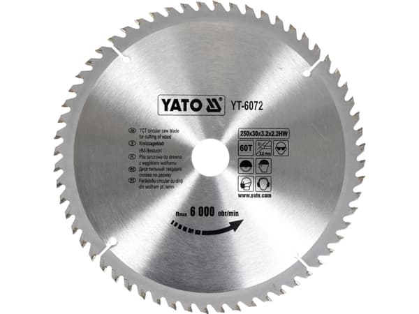 Yato YT-6072, Trä, 25 cm, 3 cm, Tungsten Carbide Tipped (TCT), 6000 RPM, 900 g