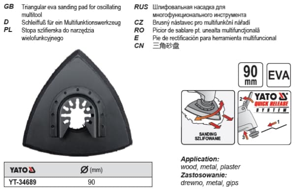 Yato YT-34689, Slipehode, Keramisk, Metall, Gips, Tre, Sort, YT-82220, YT-82818, YT-82900, 90 mm, 90 mm