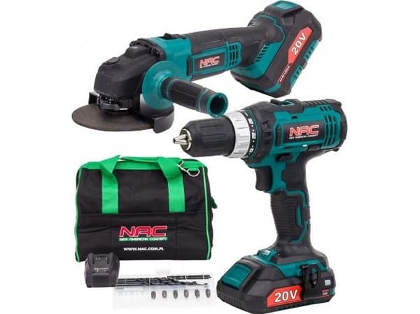 NAC 20V DRILLBOR + VINKELSLIPER 125mm 1x2,0Ah + 1x4,0Ah BAG