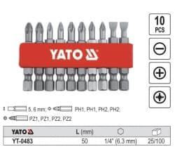 Yato YT-0483, 10 stykker, Philips, Pozidriv, Spor/slot, Stål