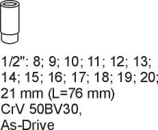 Yato YT-5539, Støpselsett, 1/2", Metrisk, 14 hoder, 8,9,10,11,12,13,14,15,16,17,18,19,20,21 mm, Krom-molybden-stål