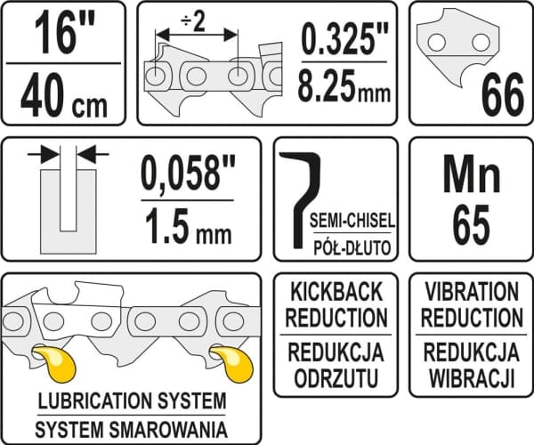 Yato YT-84943, Alle merker, 8,26 / 0,325 mm (0.325 / 0.325"), 45 cm