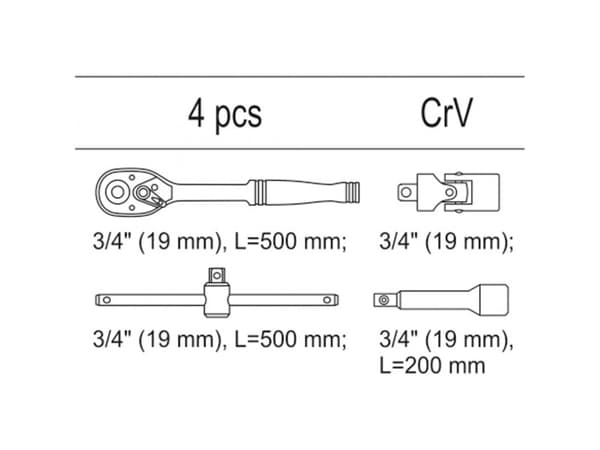 YATO TOOLS FÖR hylsnycklar 3/4" 4-stycken CART YT-55458