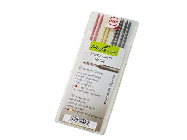 Refill stifter til PICA dry dybhulsmarkør, Grafit stifter i samme hårdhed som almindelige tømrerblyant. Med 4xgrafit, 2xrød, 2xgul.