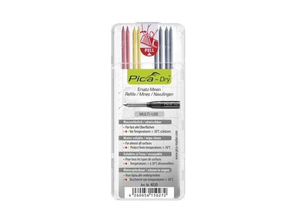 Refill stifter til PICA dry dybhulsmarkør, Grafit stifter i samme hårdhed som almindelige tømrerblyant. Med 4xgrafit, 2xrød, 2xgul.