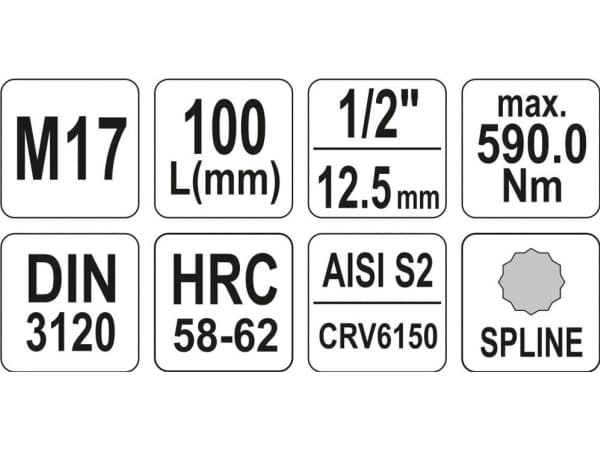 Yato YT-04357, 1 stykker, 12-spline flens, M17, Kromvanadiumstål, Stål, 100 mm, 25,4 / 2 mm (1 / 2")
