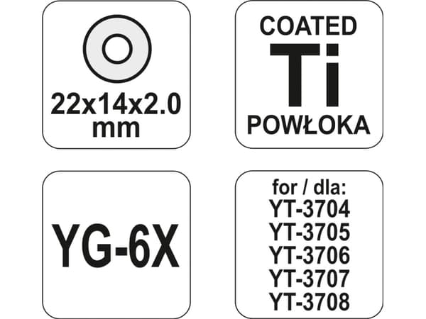 Yato YT-37141, Skärhjul, Titankarbid, Silver, Gul, YT-3705, YT-3706, YT-3707, YT-3708, 22 mm, 14 mm