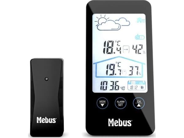 Mebus 11908, Sort, Inne hygrometer, Inne Termometer, Utendørs Fuktighetsmåler, Utendørs Barometer, Hygrometer, Termometer, Hygrometer, Termometer, Ba