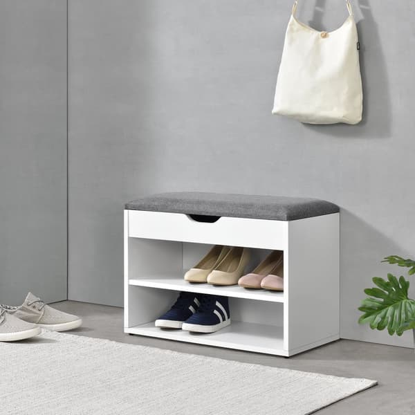 [en.casa] Bänk med skoförvaring Gentofte-skobänk med dyna-46x60x30cm-spånskiva-textil-vit-grå-plats för 4 par skor